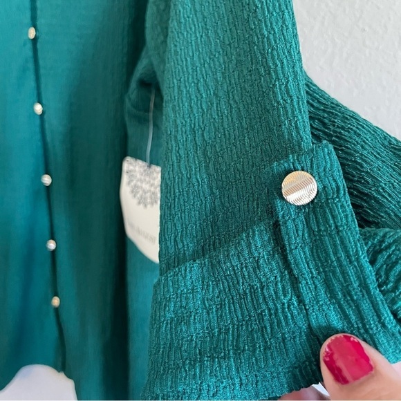 NWT Late August woman button down blouse top 3X green gold elegant gauze stretch - Picture 8 of 9